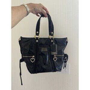 Vintage Coach Black Patent Leather Poppy Daisy Liquid Glass Heart Zipper Bag